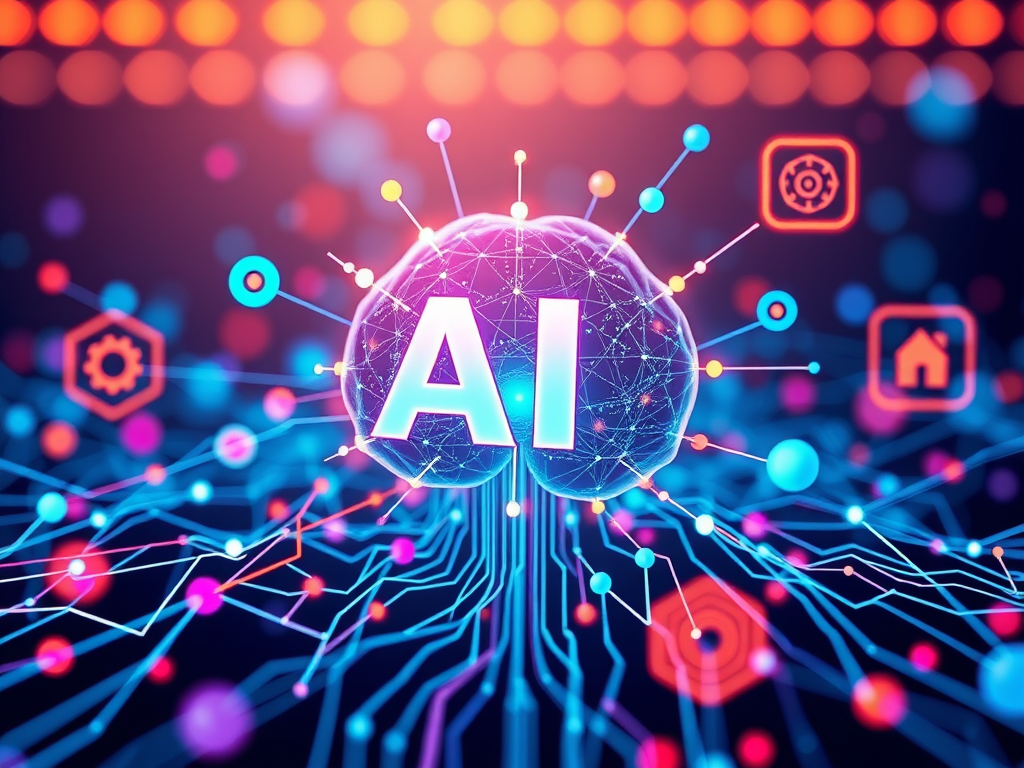 Colorful illustration of AI concept with a glowing brain and neural network connections, surrounded by technology and automation icons, representing artificial intelligence and digital transformation.